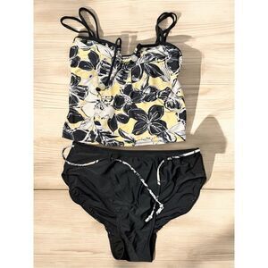 Your Best Look 2 Piece Tankini Swimsuit Size 8 Black Yellow Floral